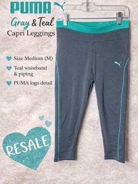 PUMA Gray & Teal Capri Leggings Athletic Workout Pants Size M